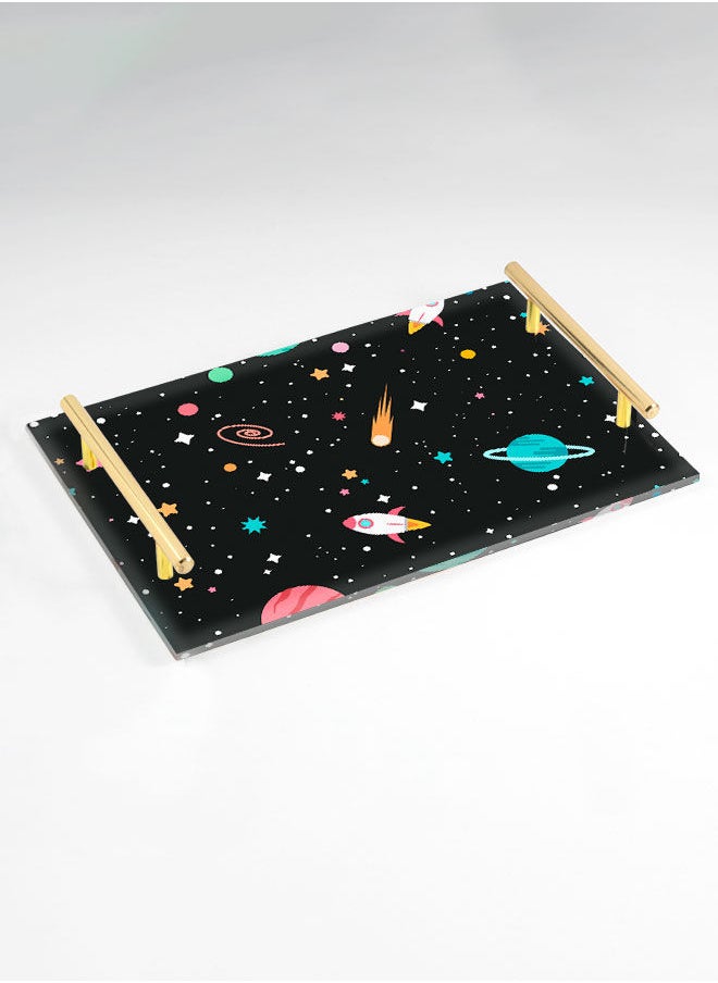 LOWHA Decorative Acrylic Serving Tray with Gold Color Metal Handles Space Art 20x30cm  - Image 1