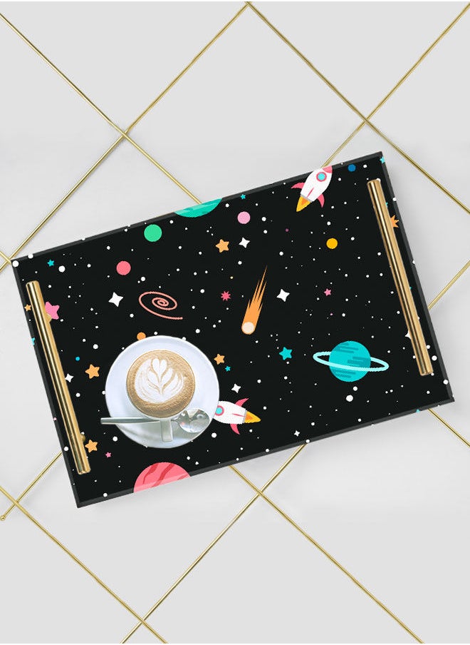 LOWHA Decorative Acrylic Serving Tray with Gold Color Metal Handles Space Art 20x30cm  - Image 5