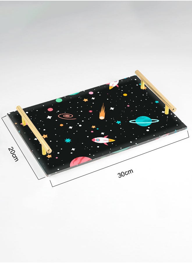 LOWHA Decorative Acrylic Serving Tray with Gold Color Metal Handles Space Art 20x30cm  - Image 2
