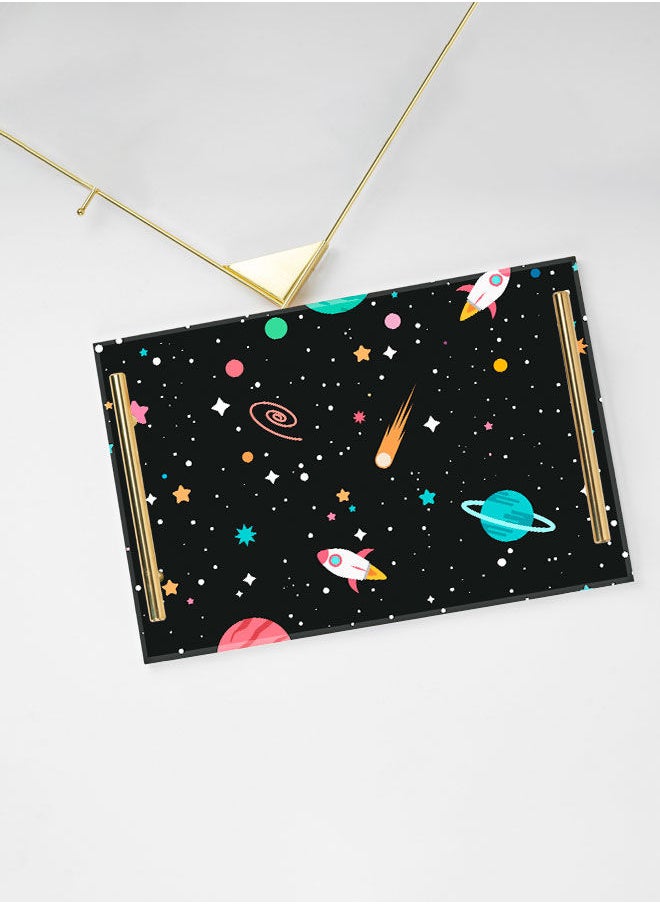 LOWHA Decorative Acrylic Serving Tray with Gold Color Metal Handles Space Art 20x30cm  - Image 3