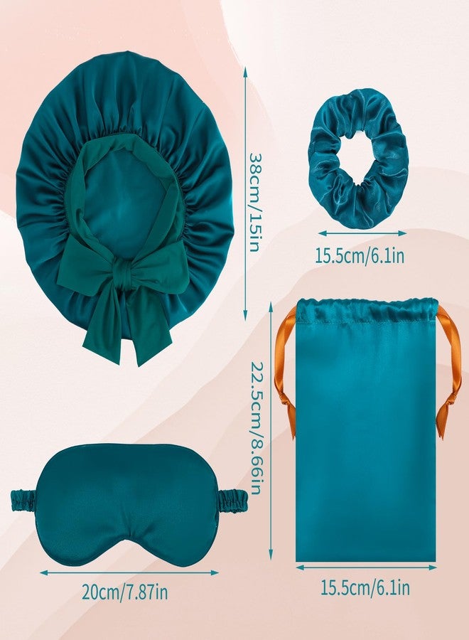 Pengxiaomei Satin Bonnet Set, Hair Bonnet for Sleeping Silk Bonnet with Eye Mask for Women Curly Hair, Peacock Blue - Image 2