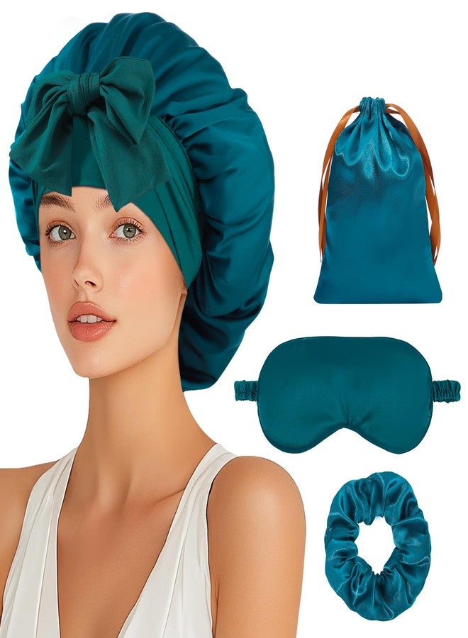 Pengxiaomei Satin Bonnet Set, Hair Bonnet for Sleeping Silk Bonnet with Eye Mask for Women Curly Hair, Peacock Blue - Image 1