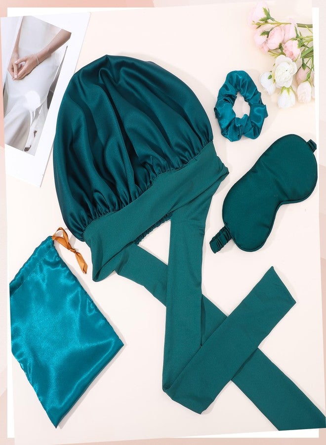 Pengxiaomei Satin Bonnet Set, Hair Bonnet for Sleeping Silk Bonnet with Eye Mask for Women Curly Hair, Peacock Blue - Image 5