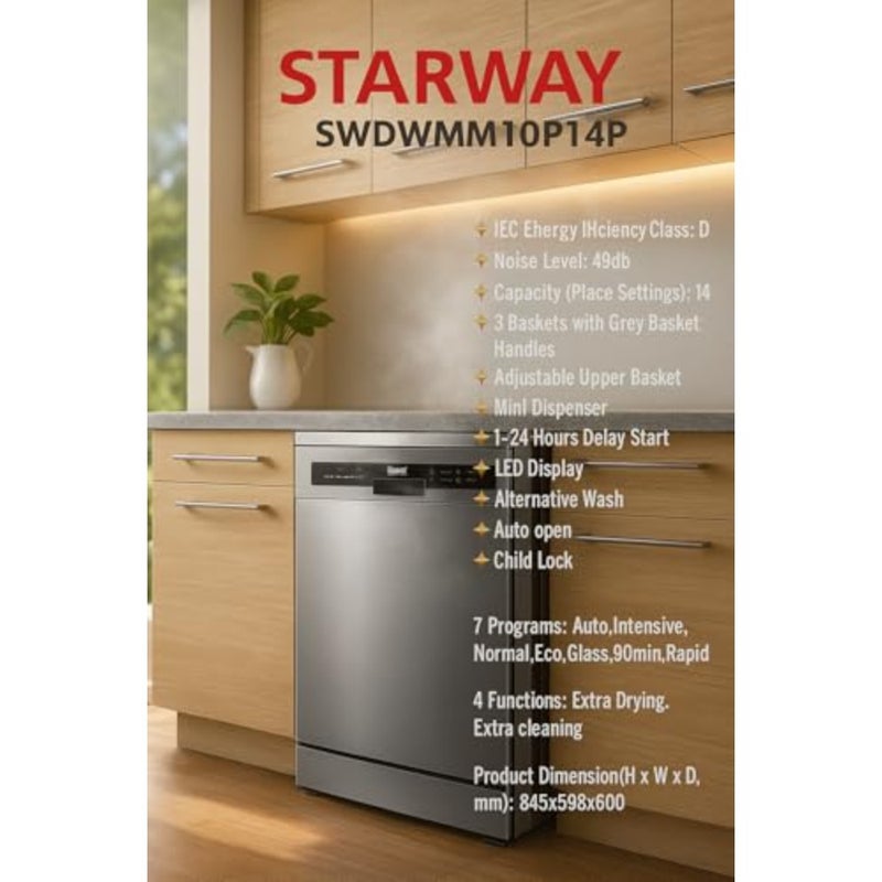 Dishwasher for kitchen use, stainless steel body, silver color, auto-open door and smart drying program with LED display - Image 5