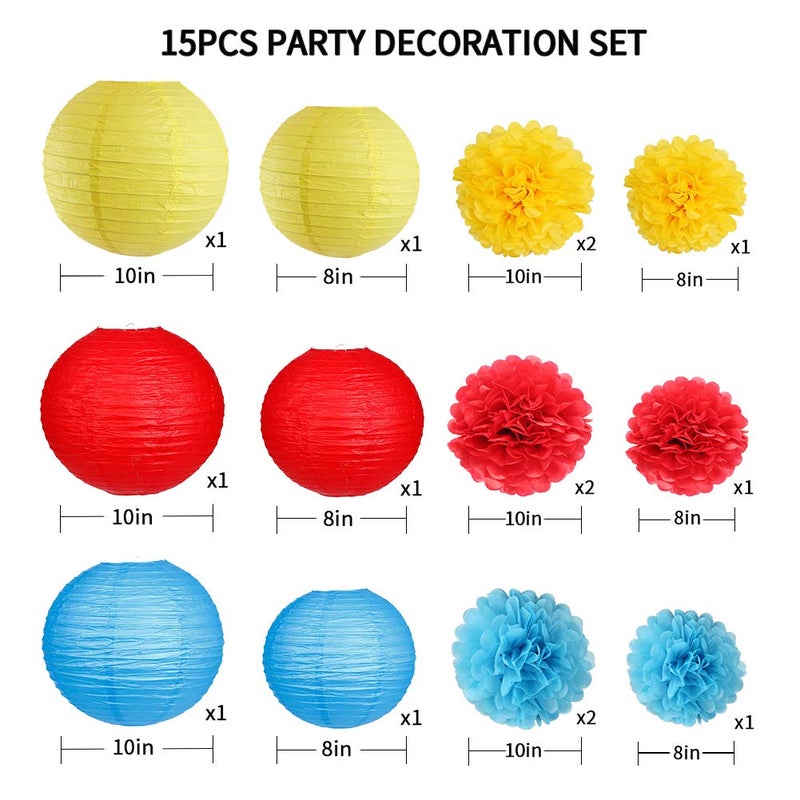 zilue Carnival Circus Party Decorations  Red Yellow Blue Paper Lanterns and Pom Poms Flowers for Birthday Party Baby Showers Carnival Theme Rainbow Party Decor 15PCS - Image 2