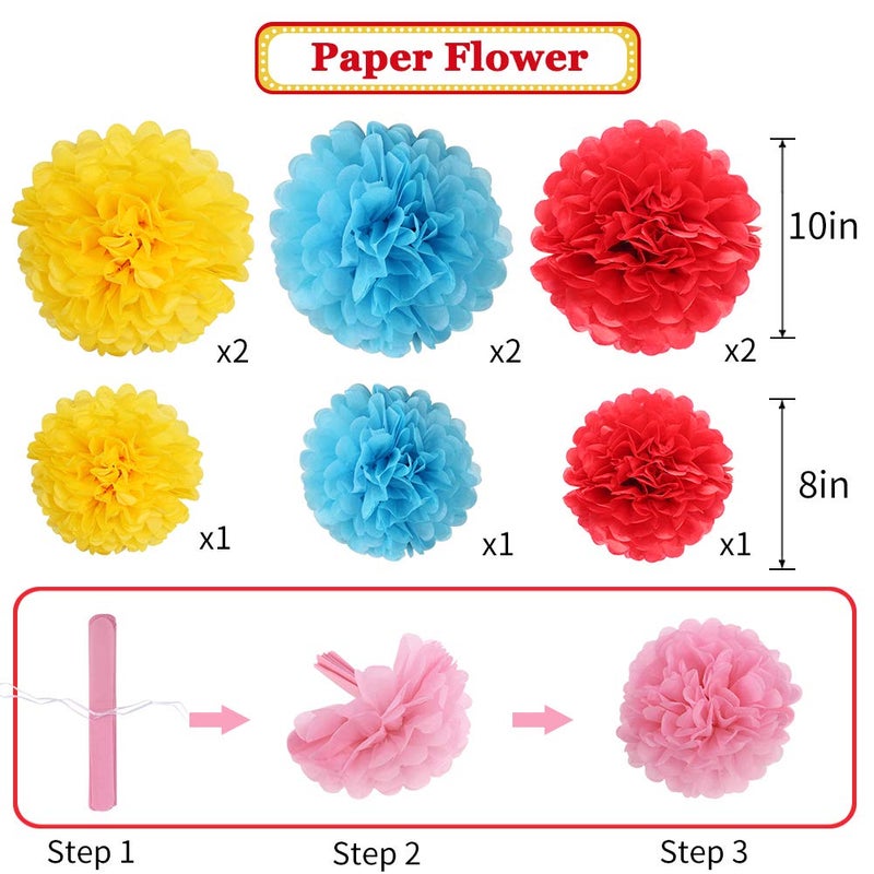 zilue Carnival Circus Party Decorations  Red Yellow Blue Paper Lanterns and Pom Poms Flowers for Birthday Party Baby Showers Carnival Theme Rainbow Party Decor 15PCS - Image 4