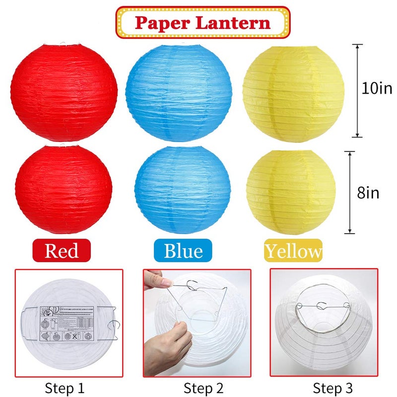 zilue Carnival Circus Party Decorations  Red Yellow Blue Paper Lanterns and Pom Poms Flowers for Birthday Party Baby Showers Carnival Theme Rainbow Party Decor 15PCS - Image 3