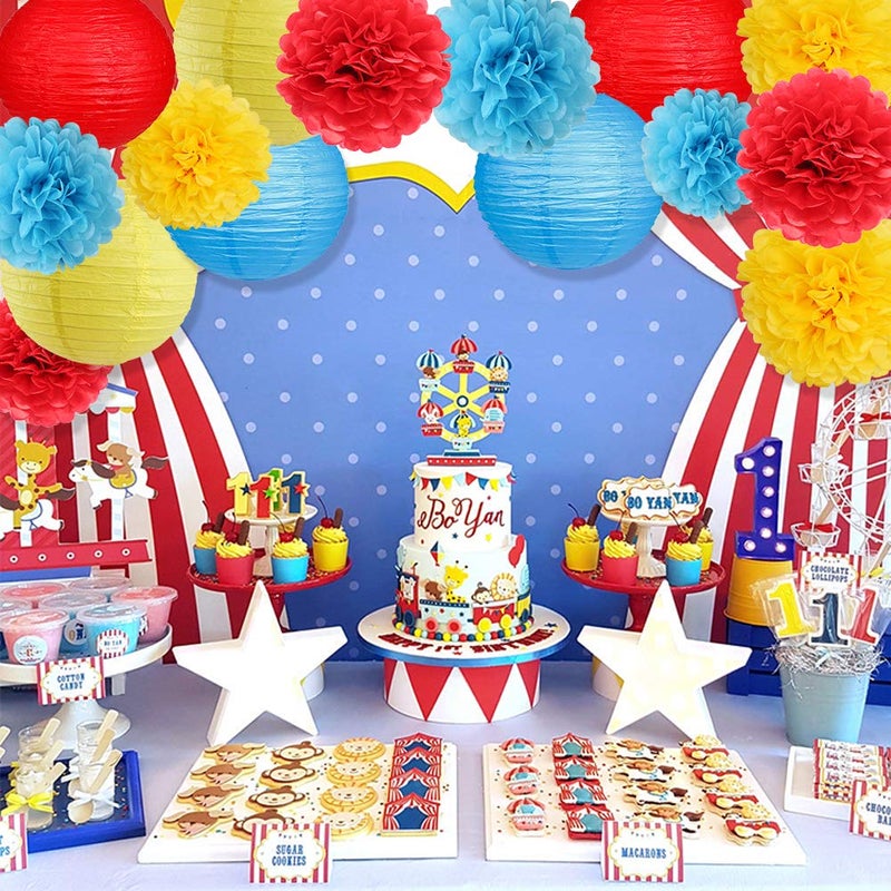 zilue Carnival Circus Party Decorations  Red Yellow Blue Paper Lanterns and Pom Poms Flowers for Birthday Party Baby Showers Carnival Theme Rainbow Party Decor 15PCS - Image 5