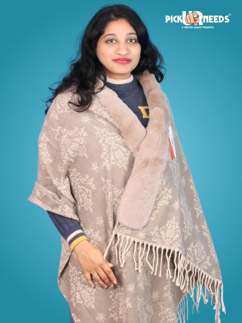 Pick Ur Needs Elegant Winter Soft & Warm Woolen Shawl with Faux Fur Border Multi Color Pattern Scarf (Brown) - Image 5