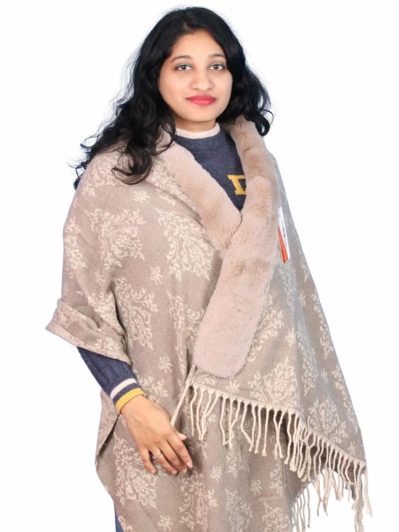 Pick Ur Needs Elegant Winter Soft & Warm Woolen Shawl with Faux Fur Border Multi Color Pattern Scarf (Brown) - Image 1