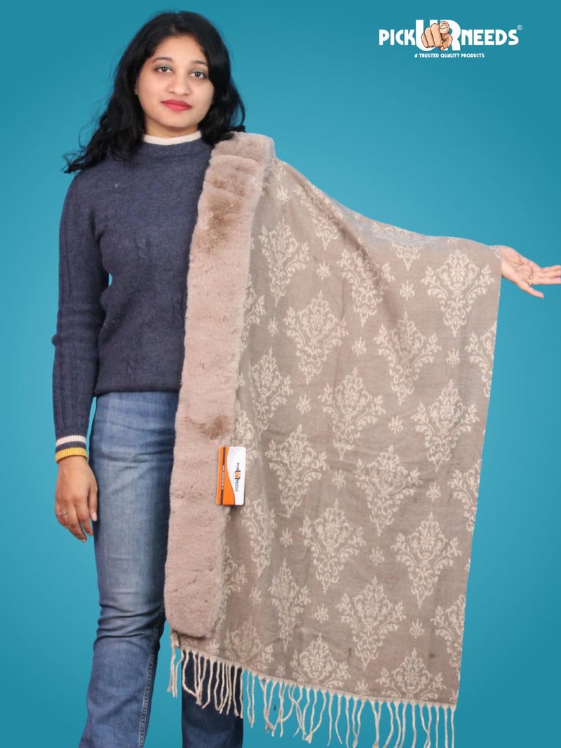 Pick Ur Needs Elegant Winter Soft & Warm Woolen Shawl with Faux Fur Border Multi Color Pattern Scarf (Brown) - Image 4
