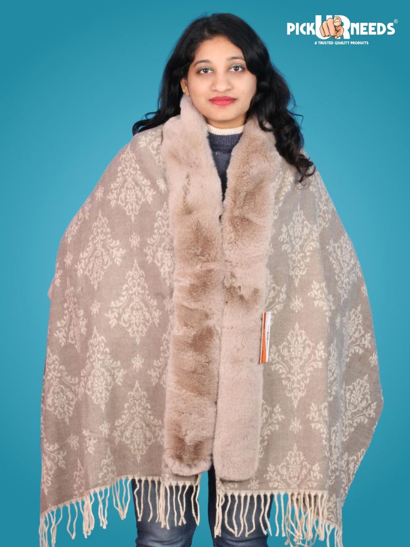 Pick Ur Needs Elegant Winter Soft & Warm Woolen Shawl with Faux Fur Border Multi Color Pattern Scarf (Brown) - Image 3