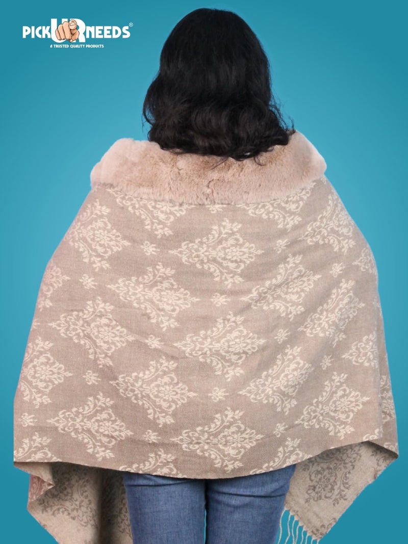 Pick Ur Needs Elegant Winter Soft & Warm Woolen Shawl with Faux Fur Border Multi Color Pattern Scarf (Brown) - Image 2