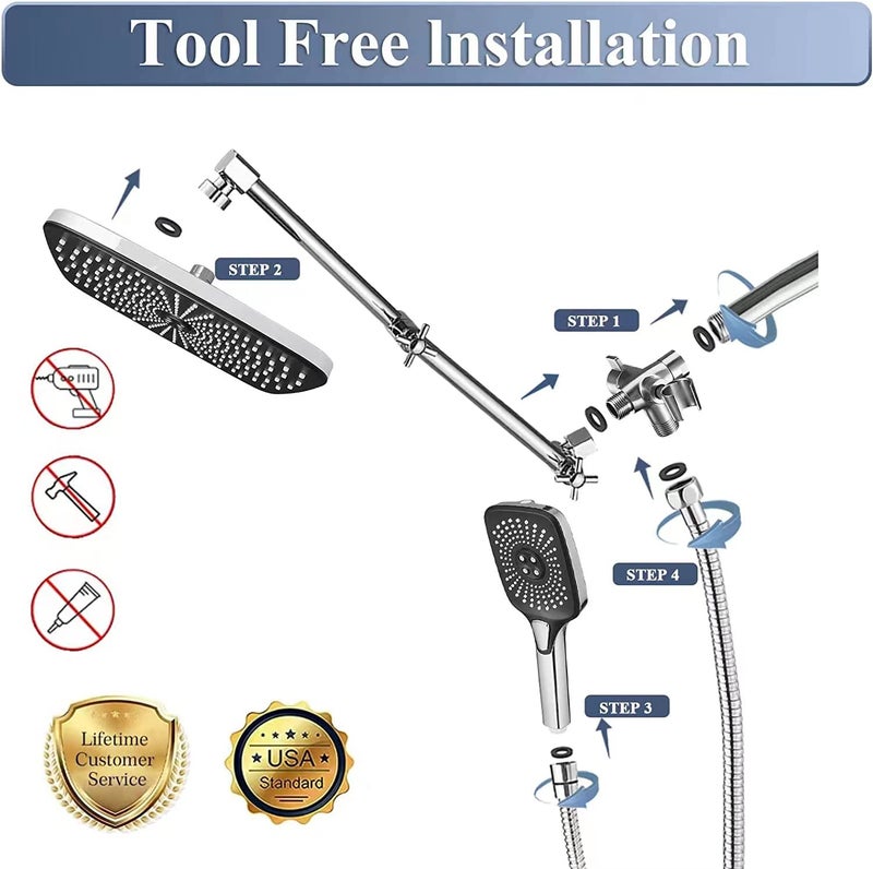 Jcrob Shower Head with Handheld, 12 Inch Dual Shower Head with Extention Arm, High Pressure Rain Shower Heads, Rainfall Waterfall Showerhead with 3-Way Diverter - Height/Angle Adjustable(Chrome) - Image 2