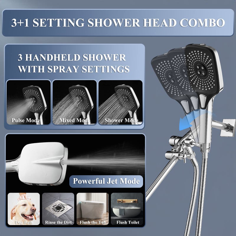Jcrob Shower Head with Handheld, 12 Inch Dual Shower Head with Extention Arm, High Pressure Rain Shower Heads, Rainfall Waterfall Showerhead with 3-Way Diverter - Height/Angle Adjustable(Chrome) - Image 5