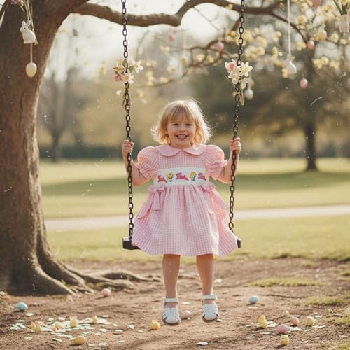 Lucikamy Toddler Baby Girl Easter Outfit Fly/Short Sleeve Bunny Embroidery A-Line Dresses Kids Summer Clothes (95% Cotton+5% Spandex-Pink, 4-5 Years) - Image 3