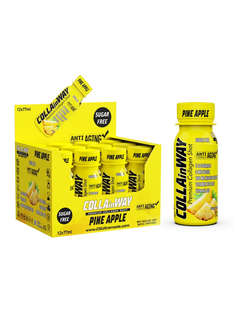 COLLAinWay Premium Collagen Shot Pineapple– Sugar Free, Anti-Aging Drink with 6g Collagen, 8mg Biotin, Hyaluronic Acid, Vitamin D3, B6 & B12 – Beauty & Wellness Supplement – 12x77ml  - Image 1
