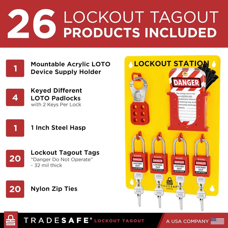 TRADESAFE Lockout Tagout Station With LOTO Devices - Lock Out Tag Out Kit Board With 4 Pack Safety Lock Set, Hasp For Padlocks, 20 Do Not Operate Tags For Lockout Safety Supply, OSHA Compliance - Image 5