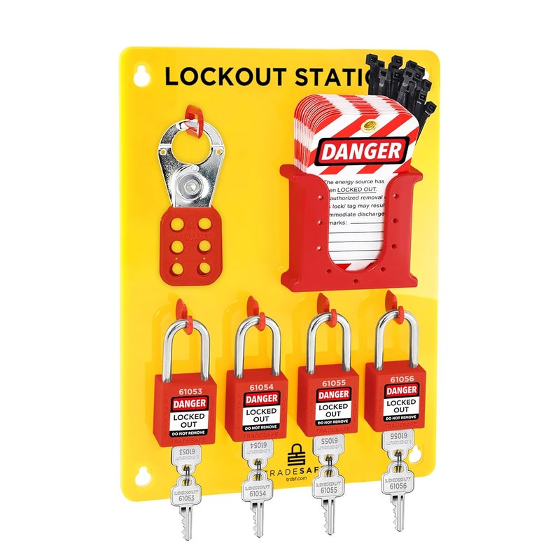 TRADESAFE Lockout Tagout Station With LOTO Devices - Lock Out Tag Out Kit Board With 4 Pack Safety Lock Set, Hasp For Padlocks, 20 Do Not Operate Tags For Lockout Safety Supply, OSHA Compliance - Image 1