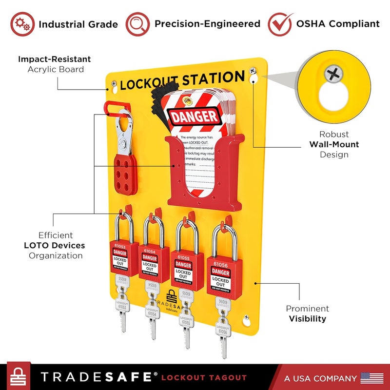 TRADESAFE Lockout Tagout Station With LOTO Devices - Lock Out Tag Out Kit Board With 4 Pack Safety Lock Set, Hasp For Padlocks, 20 Do Not Operate Tags For Lockout Safety Supply, OSHA Compliance - Image 3