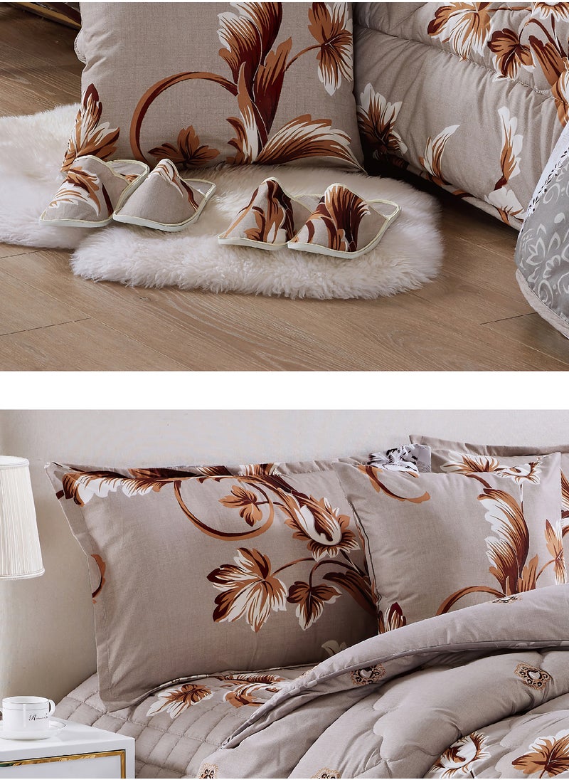 Moon Bed In A Bag Medium Filling King Size Comforter Set, 10 Pcs Floral Bedding Set Size 220 X 240 Cm with Comforter, Quilted Bed Skirt, Pillowcases, Cushion & Bedroom Slipper, Multicolor  - Image 3