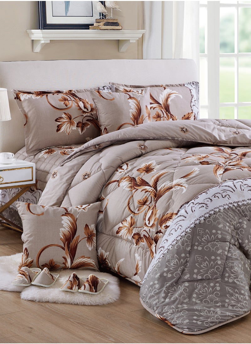 Moon Bed In A Bag Medium Filling King Size Comforter Set, 10 Pcs Floral Bedding Set Size 220 X 240 Cm with Comforter, Quilted Bed Skirt, Pillowcases, Cushion & Bedroom Slipper, Multicolor  - Image 1