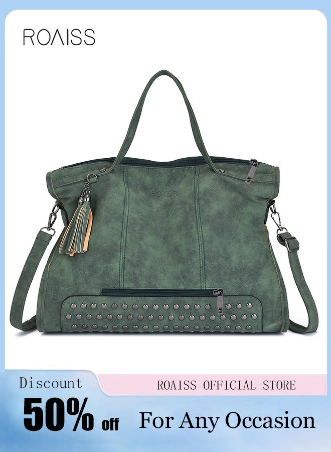 roaiss Trendy Large Capacity Tote Bag with Rivets and Tassels Retro Style Crossbody and Shoulder Bag for Women Includes Long Strap Ideal for Travel Green - Image 2