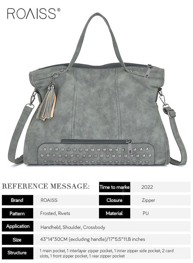 roaiss Ladies Large Capacity Tote Lot Handbag Travel Retro Rivet Tassel Crossbody Shoulder Bags with Long Strap for Women Green - Image 3