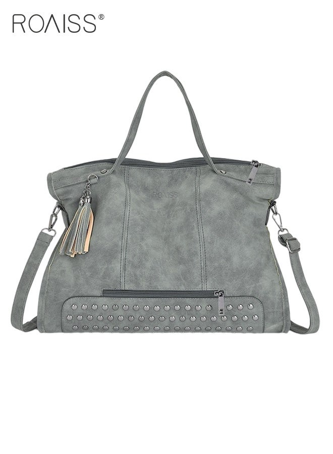 roaiss Ladies Large Capacity Tote Lot Handbag Travel Retro Rivet Tassel Crossbody Shoulder Bags with Long Strap for Women Green - Image 1