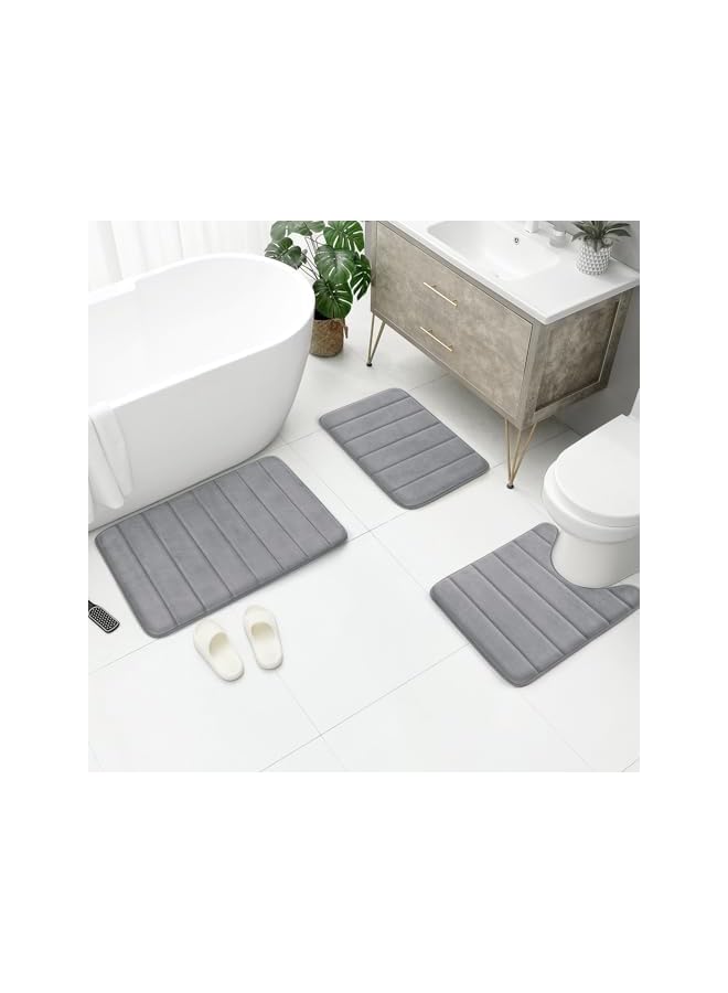 The Bros Bathroom Rug Set Memory Foam Non Slip Extra Soft Absorbent Machine Washable and Dry Pedestal Mat Set for Bathroom Floor Grey 3 Pieces - Image 2