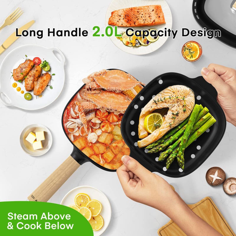 Audecook Hot Pot Electric 2L, Cermic Glaze Non-Stick Frying Pan 8 Inch, Portable Travel Cooker for Ramen/Steak/Fried Rice/Oatmeal/Soup, with Dual Power Control (Silicone Spatula Included) - Image 4