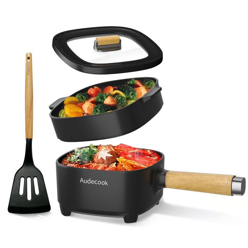 Audecook Hot Pot Electric 2L, Cermic Glaze Non-Stick Frying Pan 8 Inch, Portable Travel Cooker for Ramen/Steak/Fried Rice/Oatmeal/Soup, with Dual Power Control (Silicone Spatula Included) - Image 1