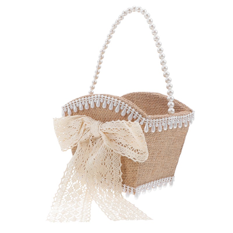 Flower Girl Basket For Wedding Ceremony: Romantic Bridal Accessories Lace Bowknot Handheld Basket For Indoor Outdoor For Party Celebration - Image 4