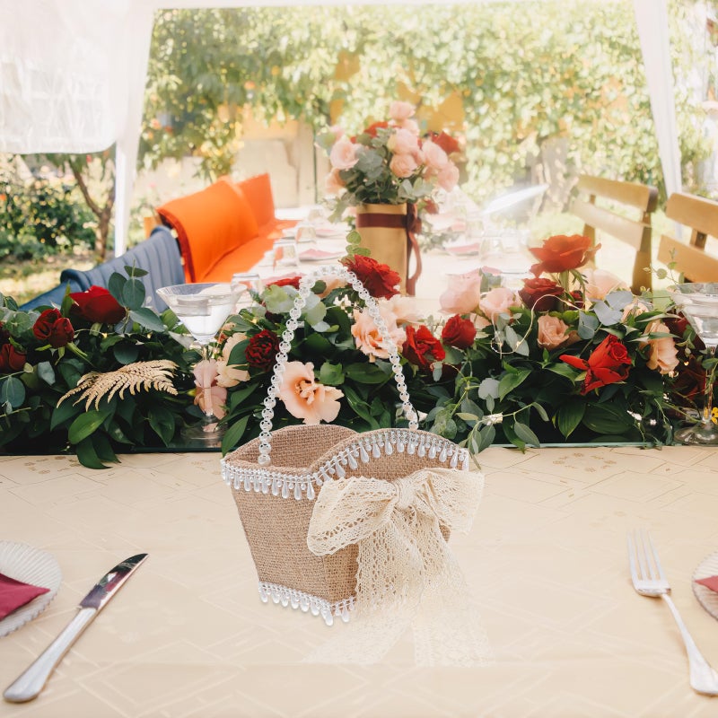 Flower Girl Basket For Wedding Ceremony: Romantic Bridal Accessories Lace Bowknot Handheld Basket For Indoor Outdoor For Party Celebration - Image 5
