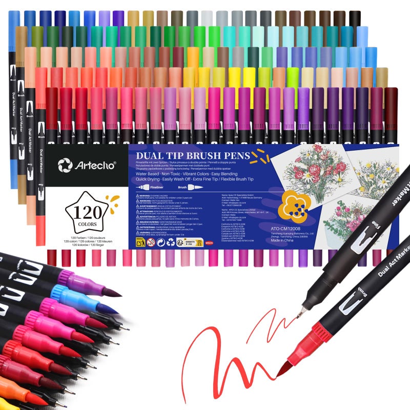 Artecho 120 Colors Markers for Adult Coloring Books, Dual Tip Markers for School, Fine and Brush Tip for Adults Coloring Books, Calligraphy, Drawing, Sketching - Image 1