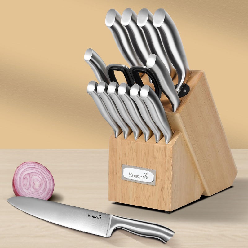 Kuisine Premium Sharp Knife Set Carbon Steel Forged Ergonomic Handle Knife Block Set Kitchen Block Knife Set Chef Knife Set Built-In Sharpener(Silver Pro  15Pcs) - Image 3