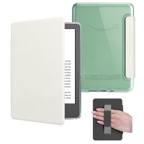 HOICHOE Case for 6" Kindle 2024/2022 Release (11 Generation), Light PU Leather Cover and Transparent Hard Back Shell with Hand Strap, Auto Sleep/Wake, Creamy White - Image 1