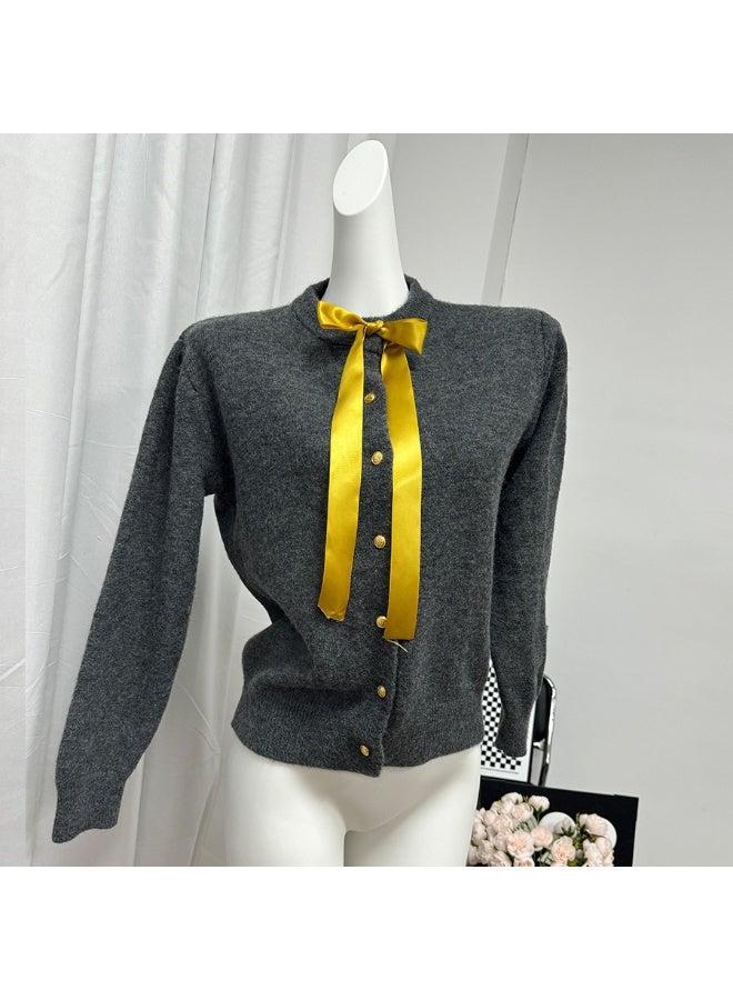 NIBEMINENT Sweet Sweater Cardigan with Bow Ribbon for Women  Autumn/Winter Collection Featuring Gentle Gold Buttons - Image 1