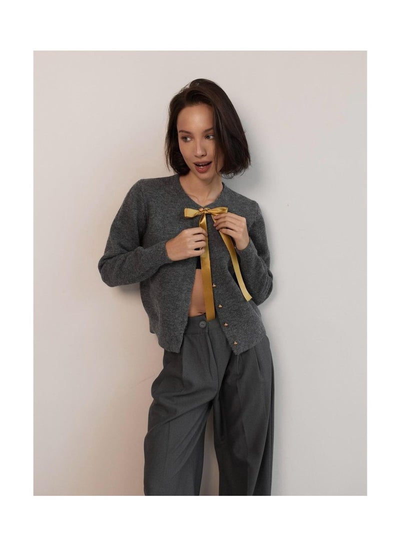 NIBEMINENT Sweet Sweater Cardigan with Bow Ribbon for Women  Autumn/Winter Collection Featuring Gentle Gold Buttons - Image 2