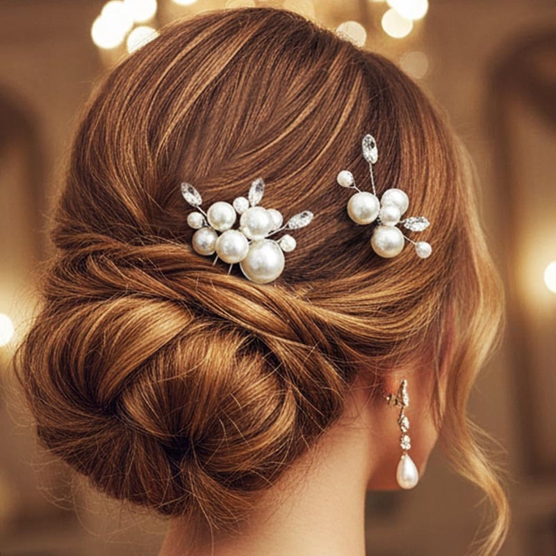 Casdre Pearl Bridal Hair Pins Crystal Bride Hair Piece Wedding Hair Accessories for Women and Girls(Pack of 2) (A Silver) - Image 2
