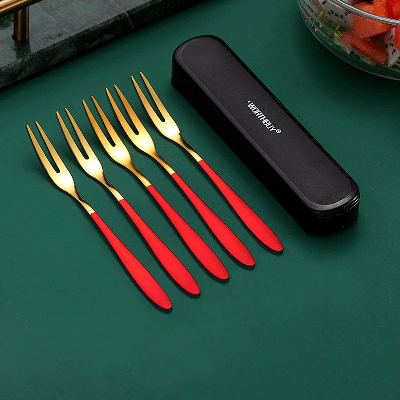 pepplo Appetizer Small Forks Dessert Forks Stainless Steel 2Tine Portable Cocktail Salad Fruit Forks for Party Travel Mirror Finish Dessert ForkRedSet of 20 - Image 5