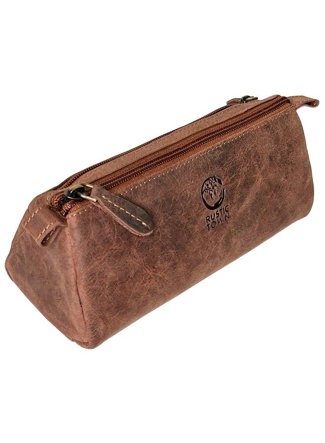 Rustic Town RUSTIC TOWN Leather Pencil Case - Zippered Pen Pencil Pouch for School, Work & Office (Brown)  - Image 1