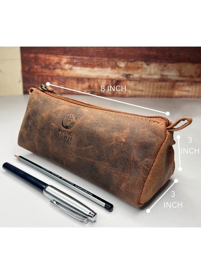 Rustic Town RUSTIC TOWN Leather Pencil Case - Zippered Pen Pencil Pouch for School, Work & Office (Brown)  - Image 3