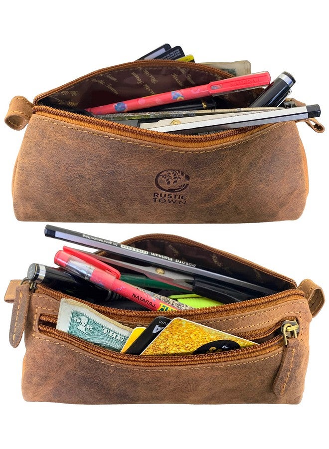 Rustic Town RUSTIC TOWN Leather Pencil Case - Zippered Pen Pencil Pouch for School, Work & Office (Brown)  - Image 5