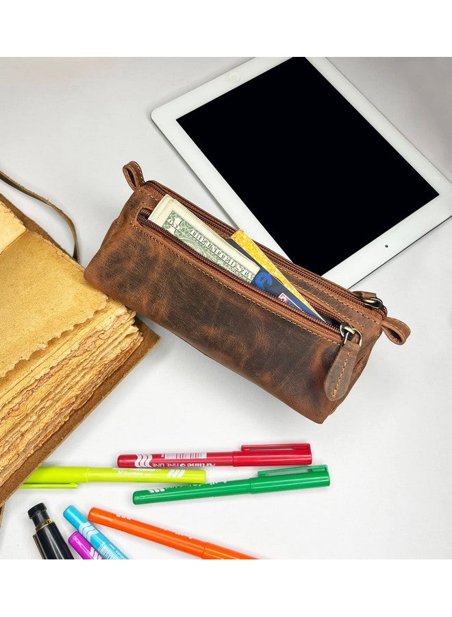 Rustic Town RUSTIC TOWN Leather Pencil Case - Zippered Pen Pencil Pouch for School, Work & Office (Brown)  - Image 4