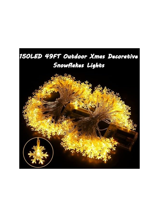 The Bros أضواء عيد الميلاد، 15م 150 ضوء على شكل ثلج، أضواء عيد الميلاد البيضاء الدافئة للزينة الداخلية والخارجية تعمل بالبطارية - Image 5