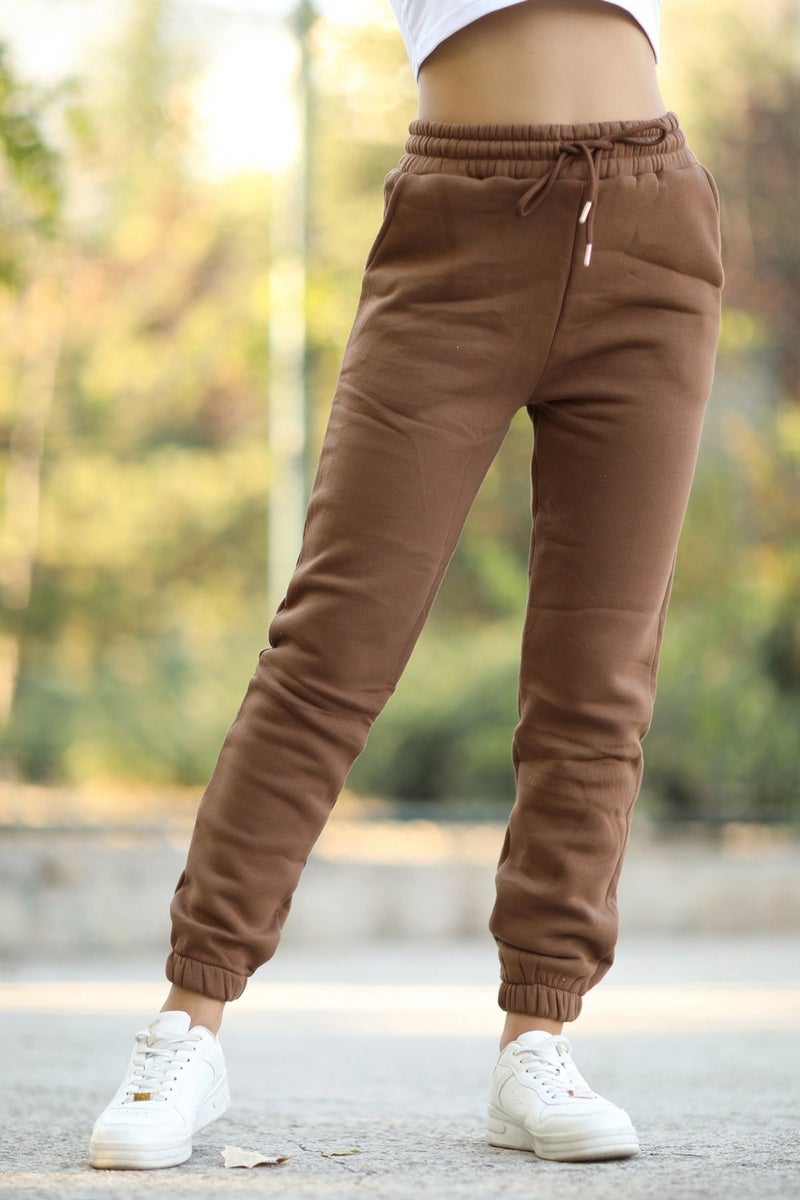 Giysa Women's Brown Pocketed Sweatpants Elastic Legs and Drawstring Waist 3 Rope Raised Cotton Blend - 2529-9016  - Image 2