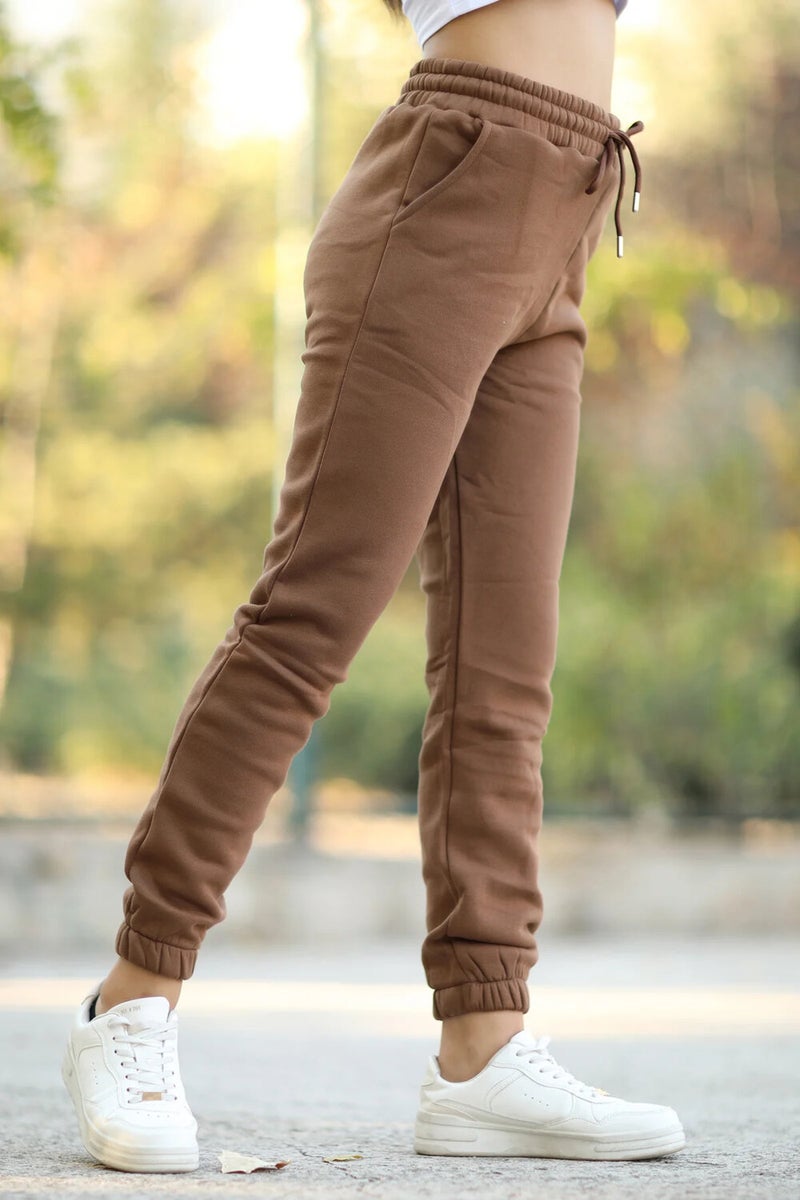 Giysa Women's Brown Pocketed Sweatpants Elastic Legs and Drawstring Waist 3 Rope Raised Cotton Blend - 2529-9016  - Image 4