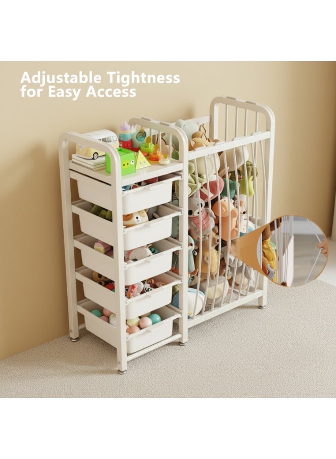 WALALLA 2-in-1 Kids Toy Storage Organizer and Stuffed Animal Storage Rack, Large-Capacity Toy Chest Organizer with Adjustable Elastic Cords, Removable Storage Box and Bookshelf for Playroom, Nursery and Bedroom, White - Image 3