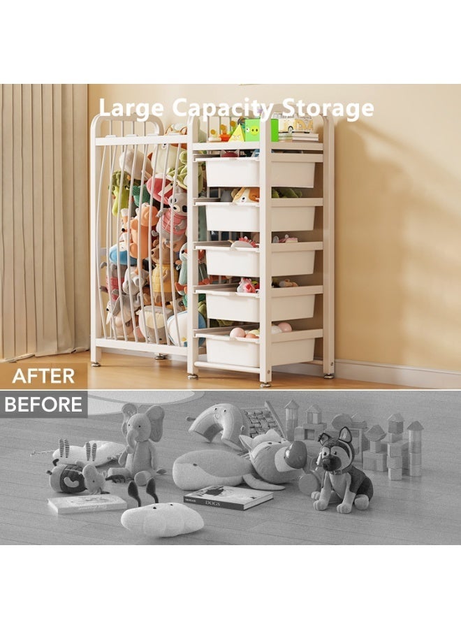 WALALLA 2-in-1 Kids Toy Storage Organizer and Stuffed Animal Storage Rack, Large-Capacity Toy Chest Organizer with Adjustable Elastic Cords, Removable Storage Box and Bookshelf for Playroom, Nursery and Bedroom, White - Image 2